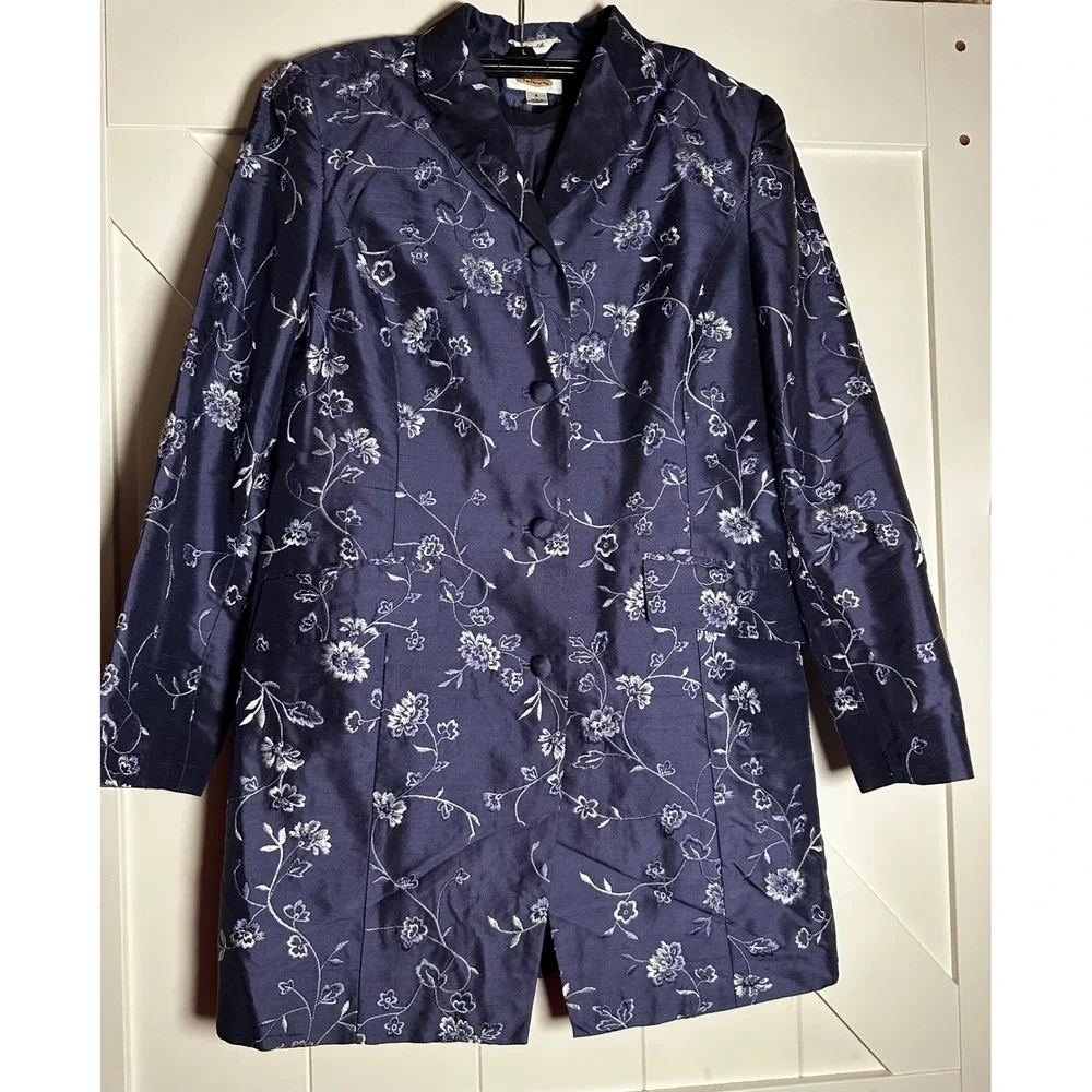 Talbots Petites Navy Pure Silk Floral Embroidered Blazer Pants Suit Set Sz‎ 8P